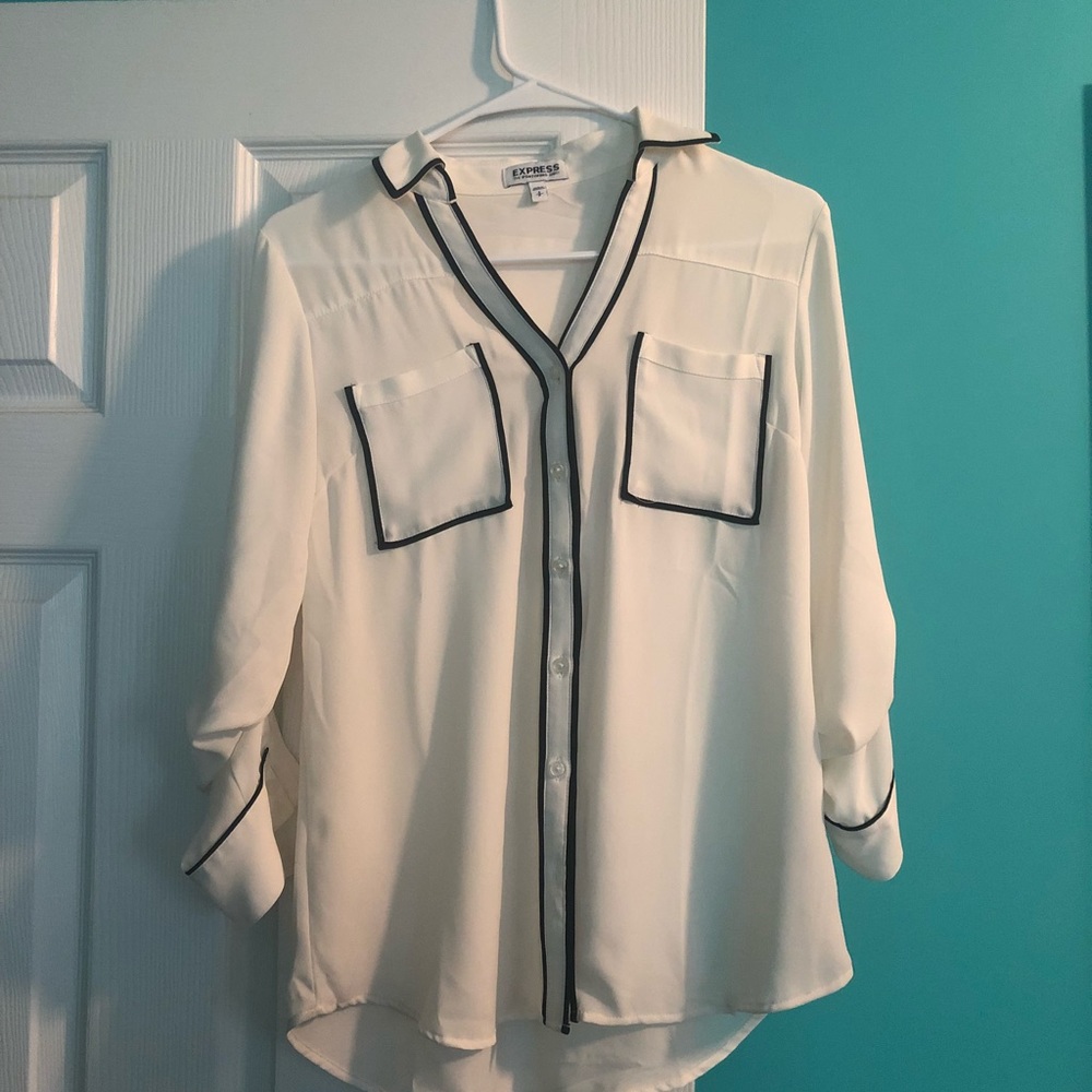 Sheer White Button Down With Black Piping